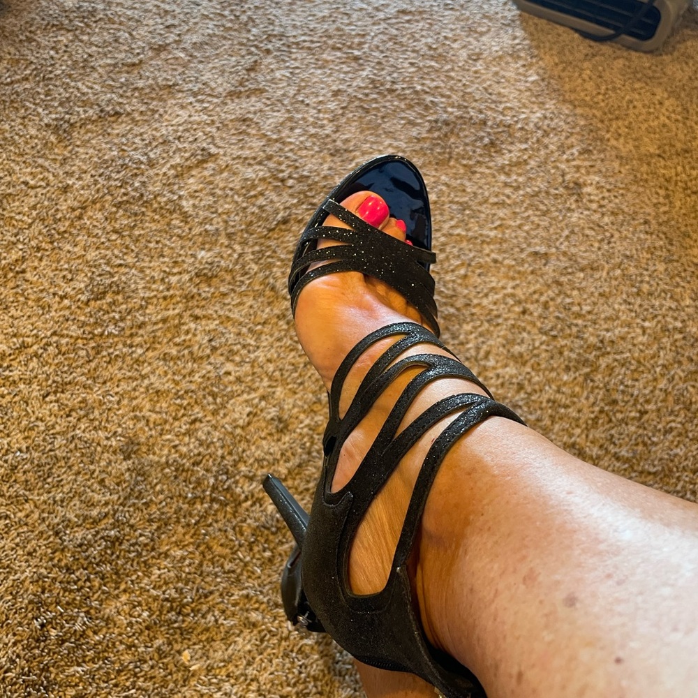 Guess Girlie strapy heels 4.5” black with silver glitter heel zipper.